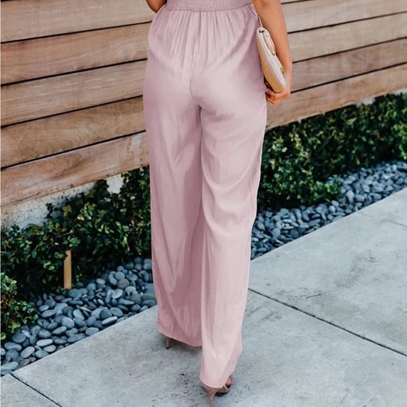 Women’s Pink Ruffle Sleeve/Spaghetti Strap High waist, wide leg jumpsuit - Picture 5 of 6